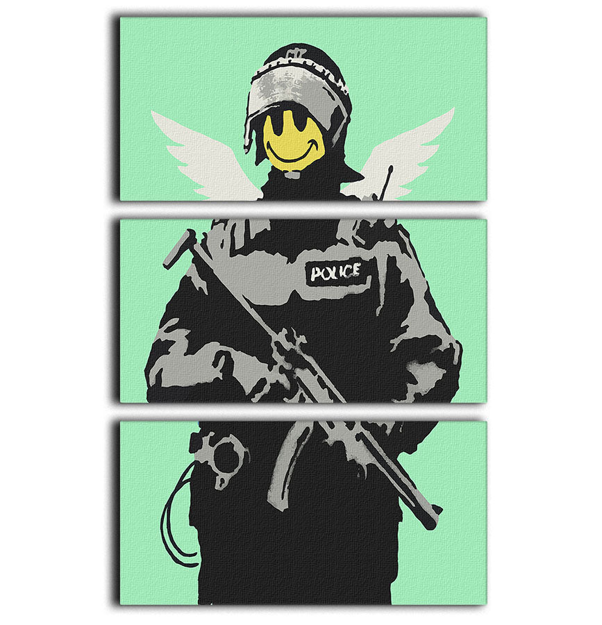 Banksy Smiley Angel Policeman Green 3 Split Panel Canvas Print - Canvas Art Rocks - 1