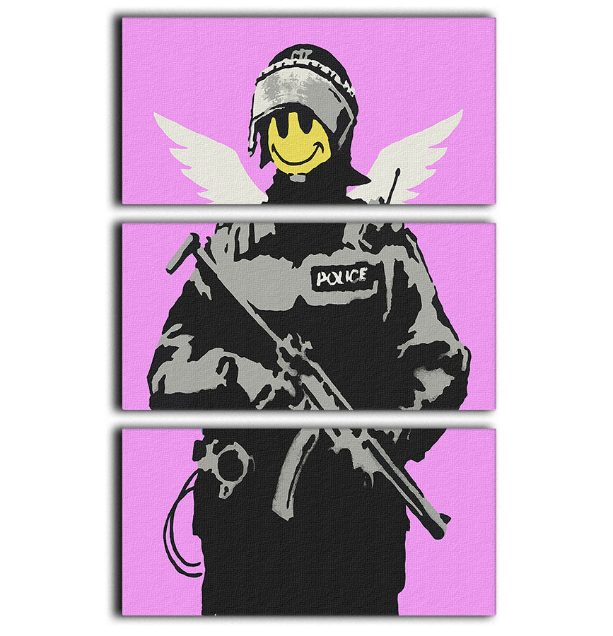 Banksy Smiley Angel Policeman Purple 3 Split Panel Canvas Print - Canvas Art Rocks - 1