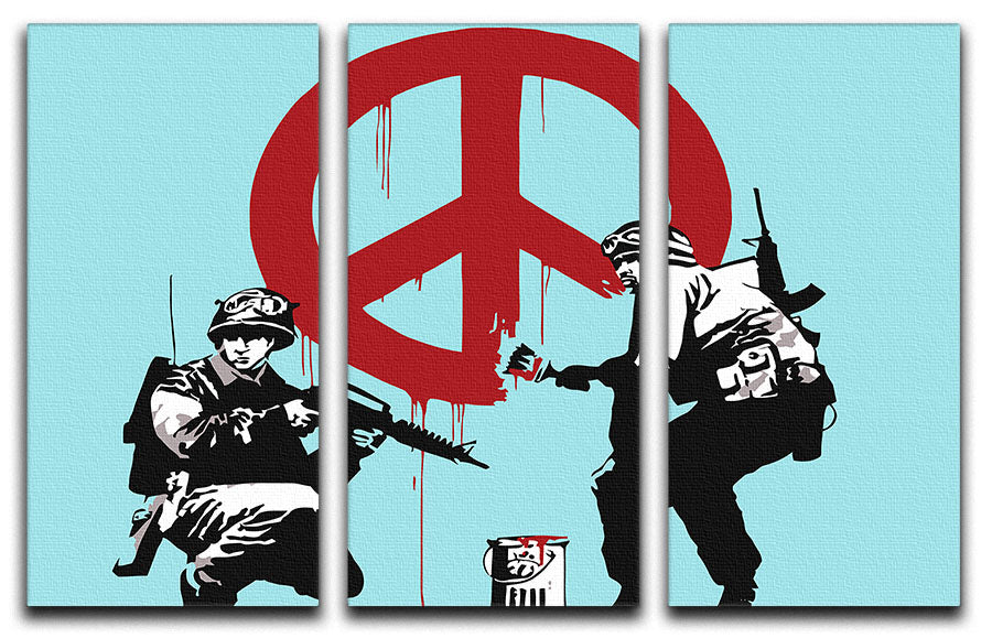 Banksy Soldiers Painting CND Sign Light Blue 3 Split Panel Canvas Print - Canvas Art Rocks - 1