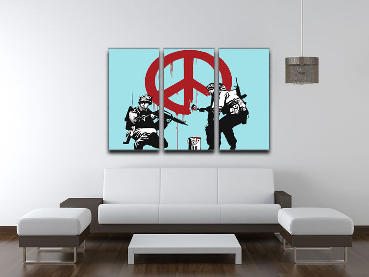 Banksy Soldiers Painting CND Sign Light Blue 3 Split Panel Canvas Print - Canvas Art Rocks - 3