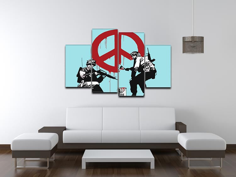Banksy Soldiers Painting CND Sign Light Blue 4 Split Panel Canvas - Canvas Art Rocks - 3