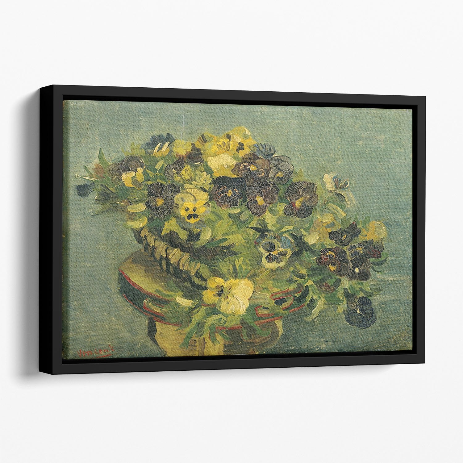 Basket of pansies on a small table by Van Gogh Floating Framed Canvas