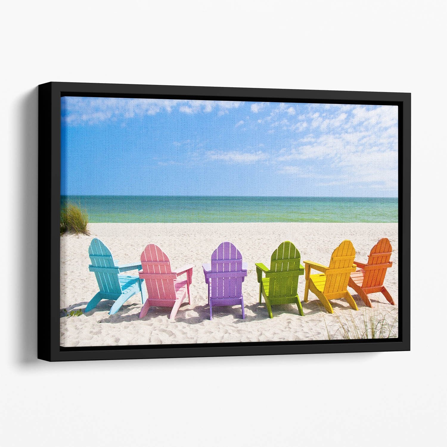 Beach Chairs on a Sun Beach Floating Framed Canvas