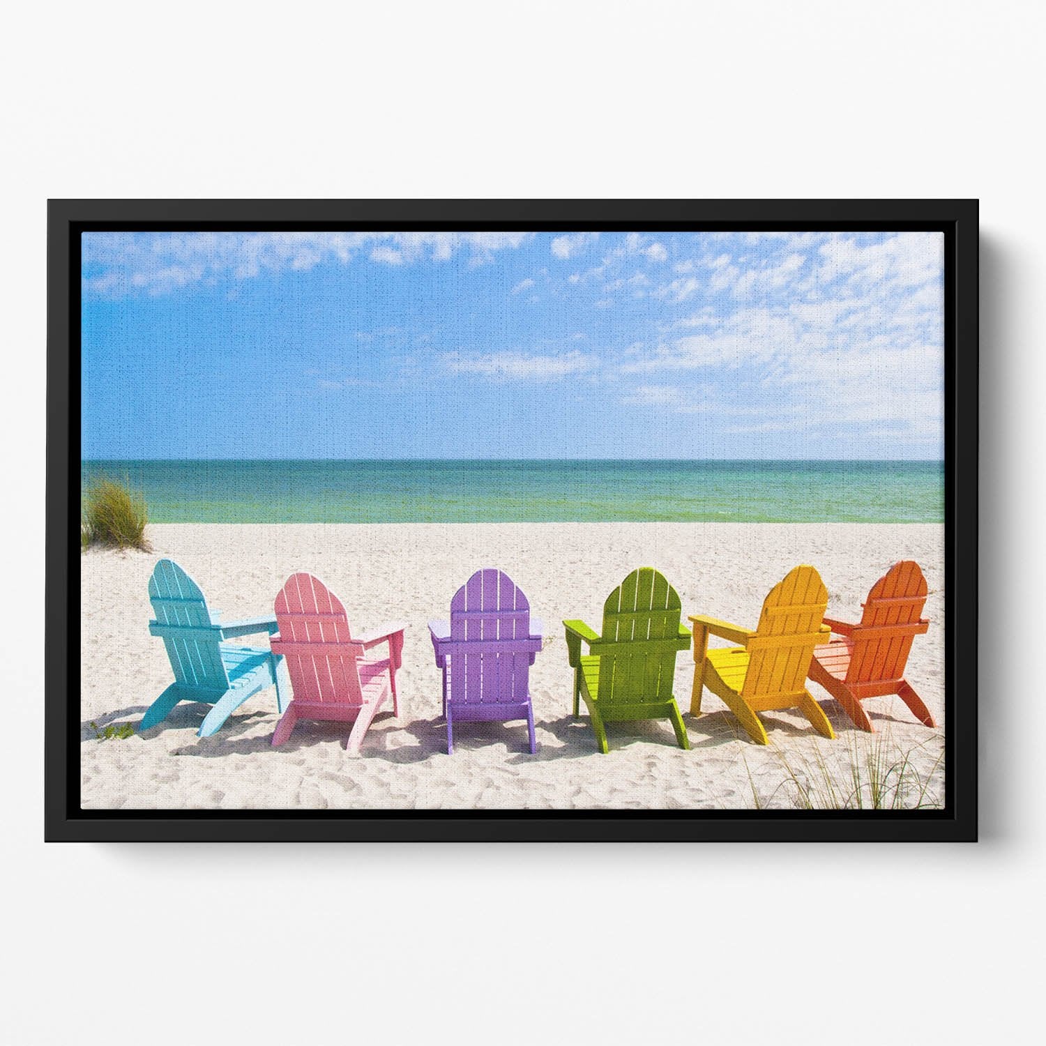 Beach Chairs on a Sun Beach Floating Framed Canvas