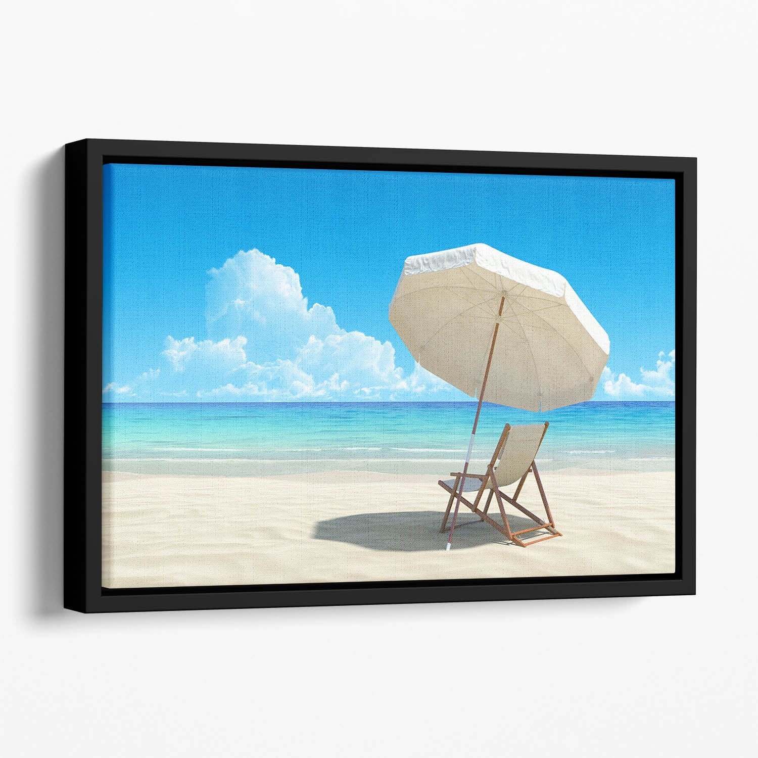 Beach chair and umbrella on idyllic tropical sand beach Floating Framed Canvas
