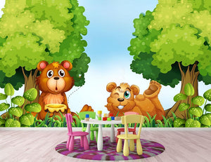 Bears and jar of honey in the forest Wall Mural Wallpaper - Canvas Art Rocks - 2