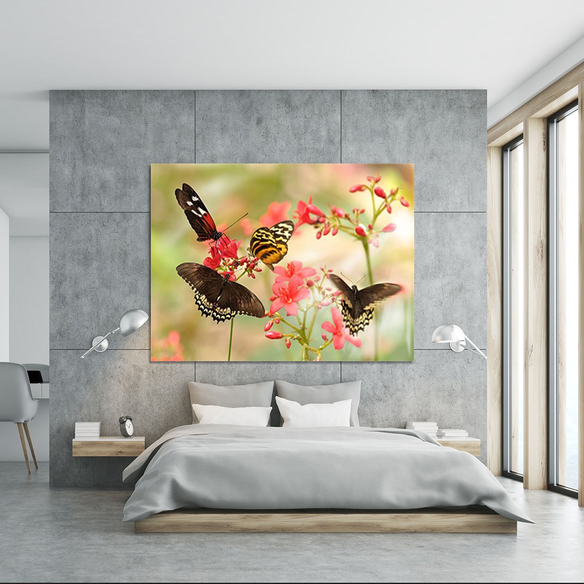Beautiful tropical butterflies on a red flowers Canvas Print or Poster
