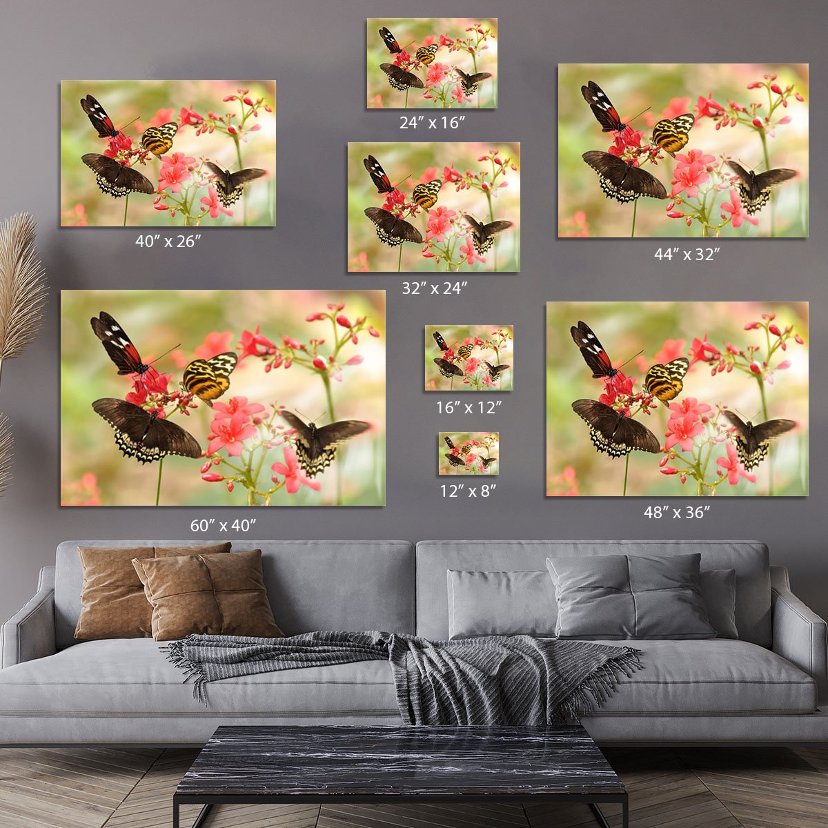 Beautiful tropical butterflies on a red flowers Canvas Print or Poster