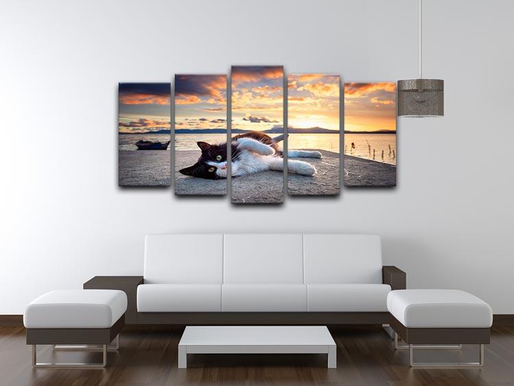 Black and white cat lying under a dramatic sunset 5 Split Panel Canvas - Canvas Art Rocks - 3
