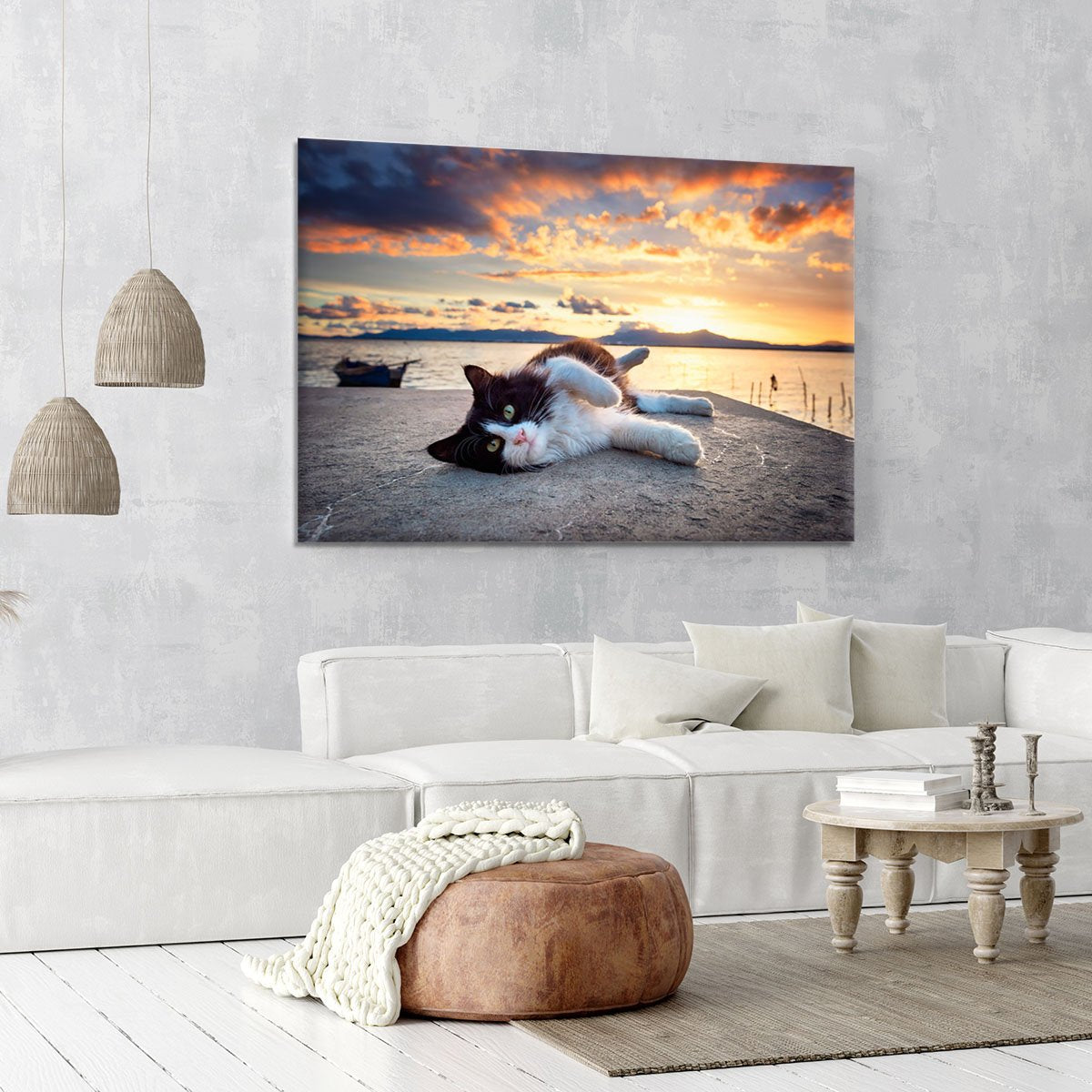 Black and white cat lying under a dramatic sunset on the lagoon Canvas Print or Poster