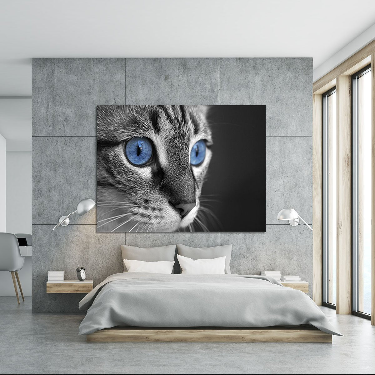 Black and white close up of cat with deep blue eyes Canvas Print or Poster