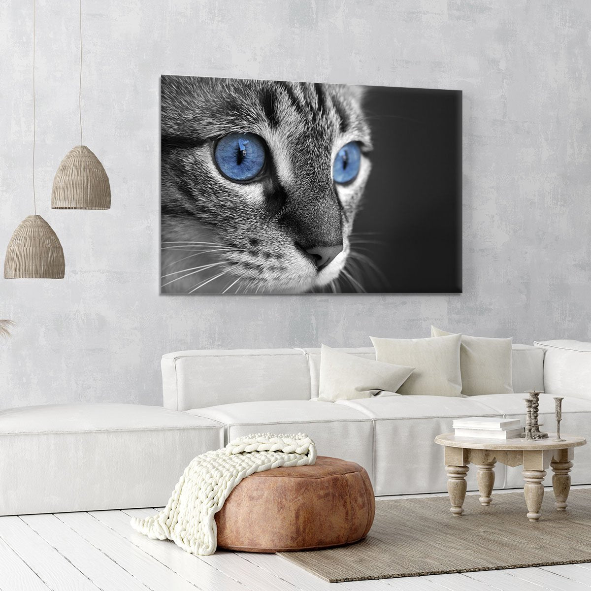 Black and white close up of cat with deep blue eyes Canvas Print or Poster