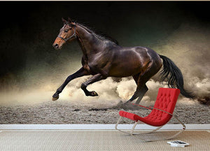 Black horse run gallop in dust desert Wall Mural Wallpaper - Canvas Art Rocks - 2