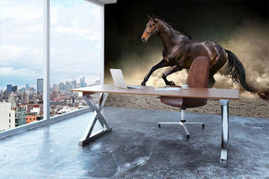 Black horse run gallop in dust desert Wall Mural Wallpaper - Canvas Art Rocks - 3