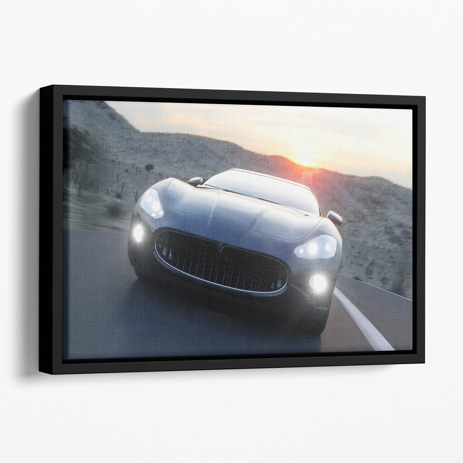 Black sport car on road Floating Framed Canvas