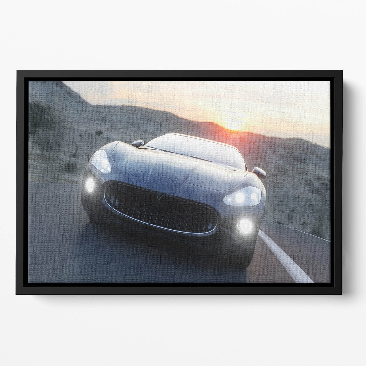 Black sport car on road Floating Framed Canvas