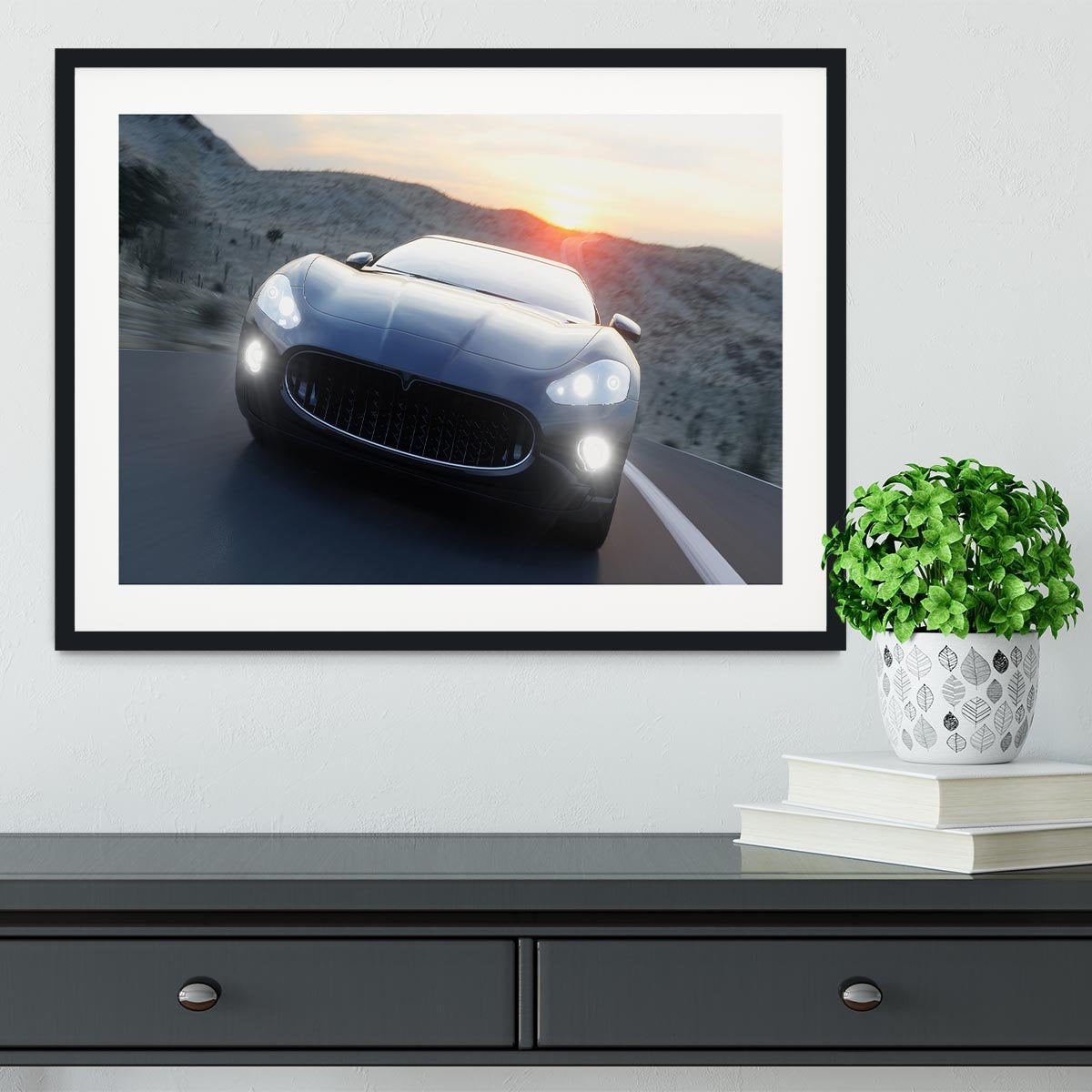 Black sport car on road Framed Print - Canvas Art Rocks - 1