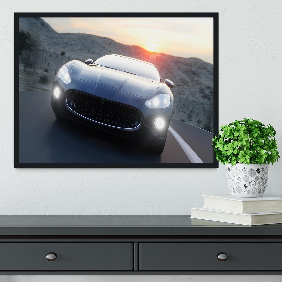 Black sport car on road Framed Print - Canvas Art Rocks - 2