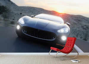 Black sport car on road Wall Mural Wallpaper - Canvas Art Rocks - 2