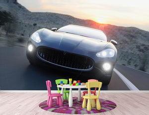 Black sport car on road Wall Mural Wallpaper - Canvas Art Rocks - 3
