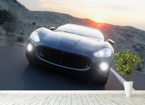 Black sport car on road Wall Mural Wallpaper - Canvas Art Rocks - 4