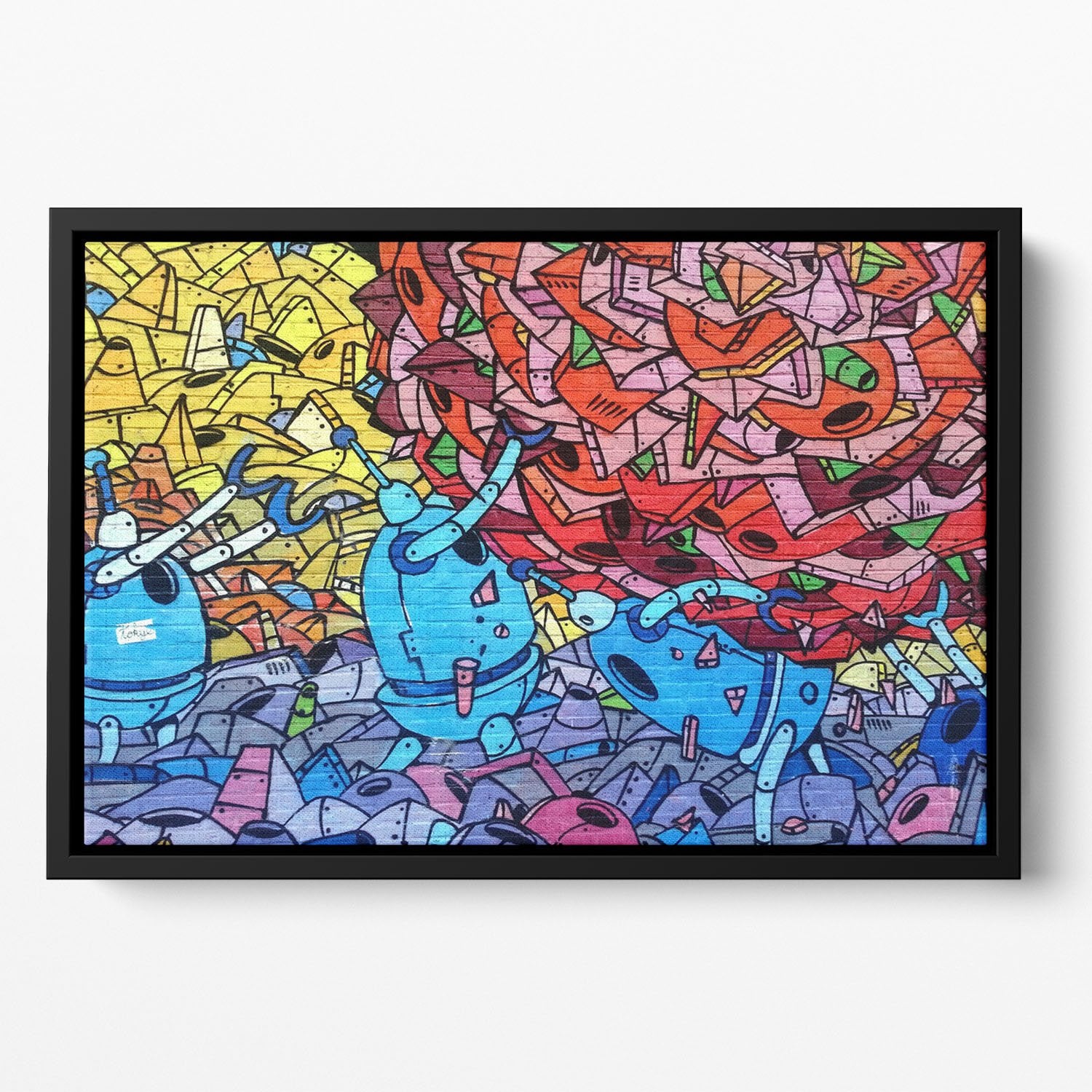 Blue Robot Graffiti Floating Framed Canvas