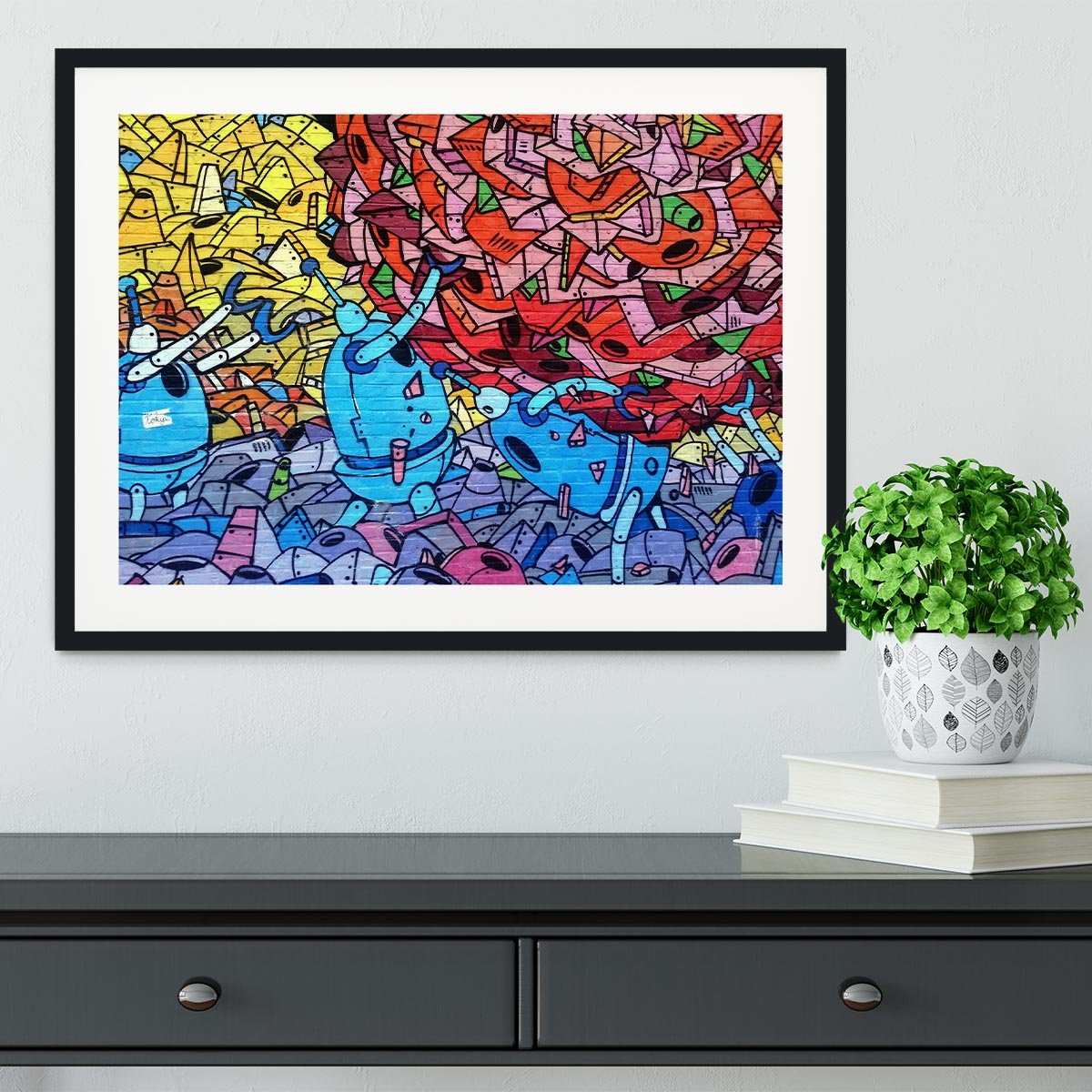 Blue Robot Graffiti Framed Print - Canvas Art Rocks - 1