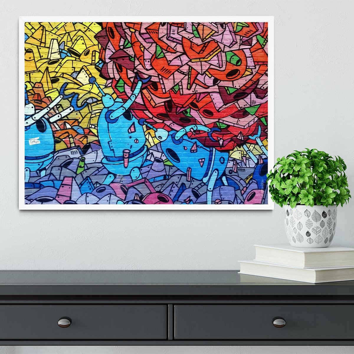 Blue Robot Graffiti Framed Print - Canvas Art Rocks -6