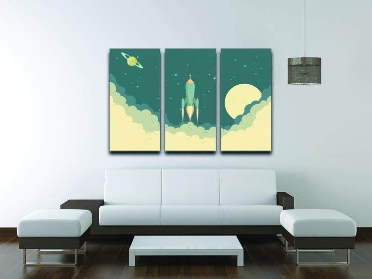 Blue Spaceship taking off 3 Split Panel Canvas Print - Canvas Art Rocks - 3