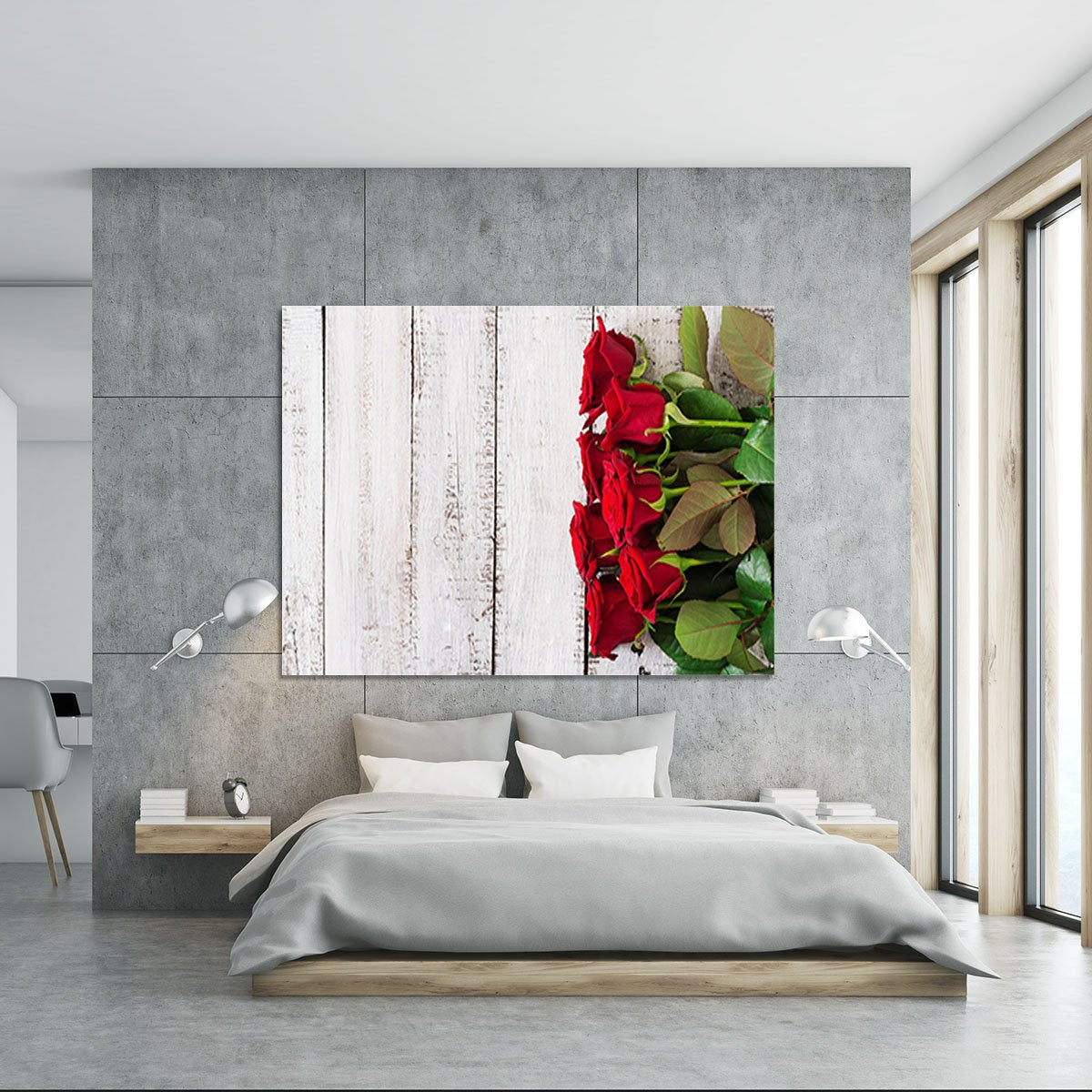 Bouquet of red roses on a light wooden background Canvas Print or Poster