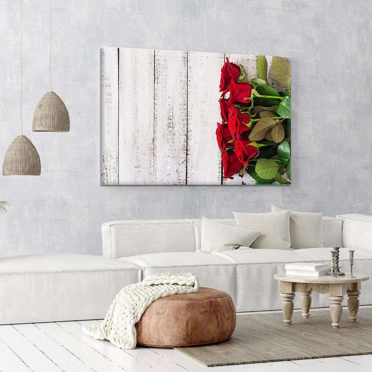 Bouquet of red roses on a light wooden background Canvas Print or Poster