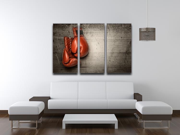 Boxing gloves hanging on concrete 3 Split Panel Canvas Print - Canvas Art Rocks - 3