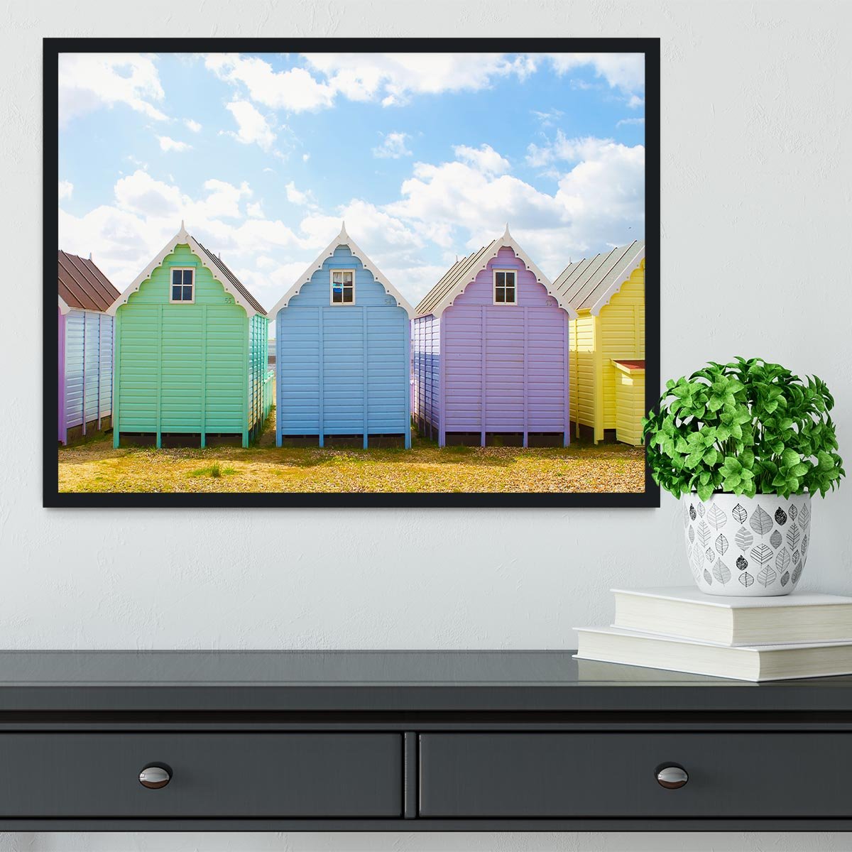 British beach huts on a bright sunny day Framed Print - Canvas Art Rocks - 2