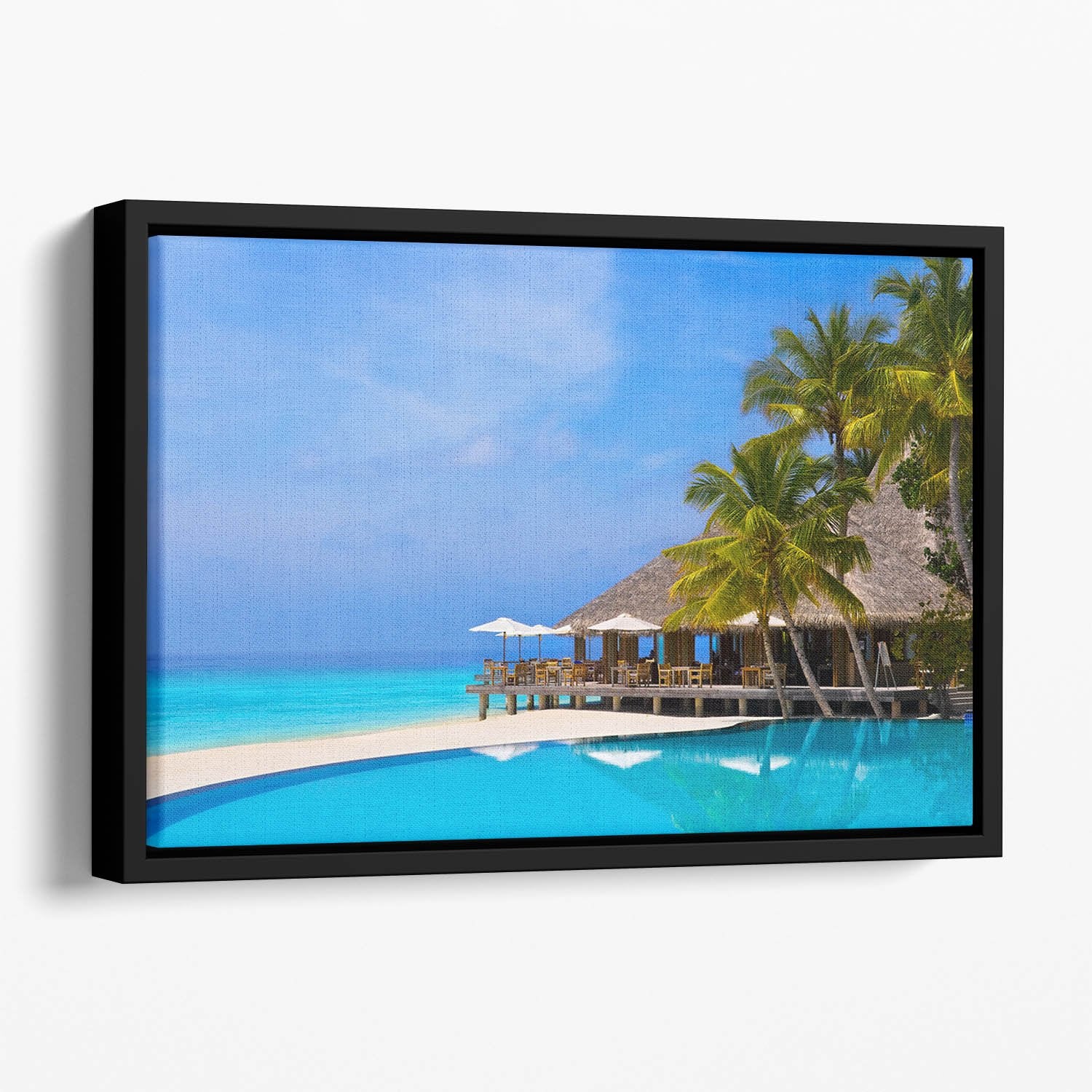 Cafe and pool on a tropical beach Floating Framed Canvas
