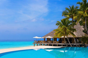 Cafe and pool on a tropical beach Wall Mural Wallpaper - Canvas Art Rocks - 1