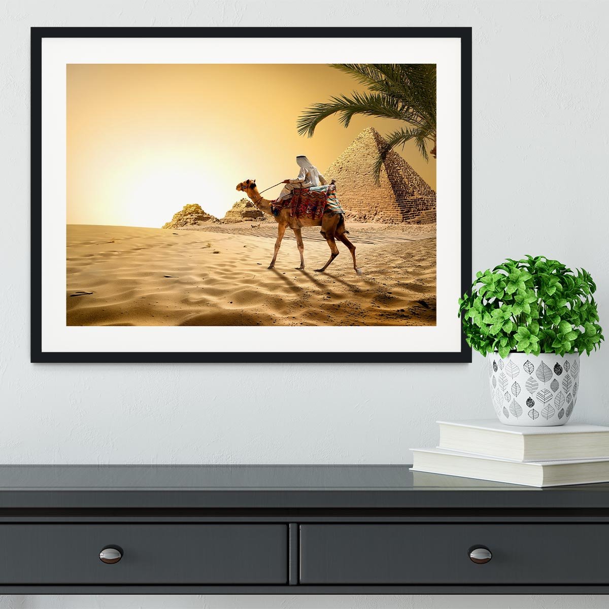 Camel near pyramids desert of Egypt Framed Print - Canvas Art Rocks - 1