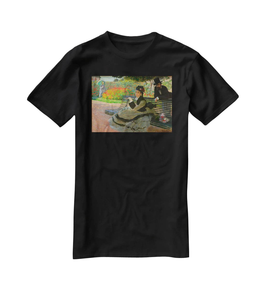 Camille Monet on a garden bench by Monet T-Shirt - Canvas Art Rocks - 1