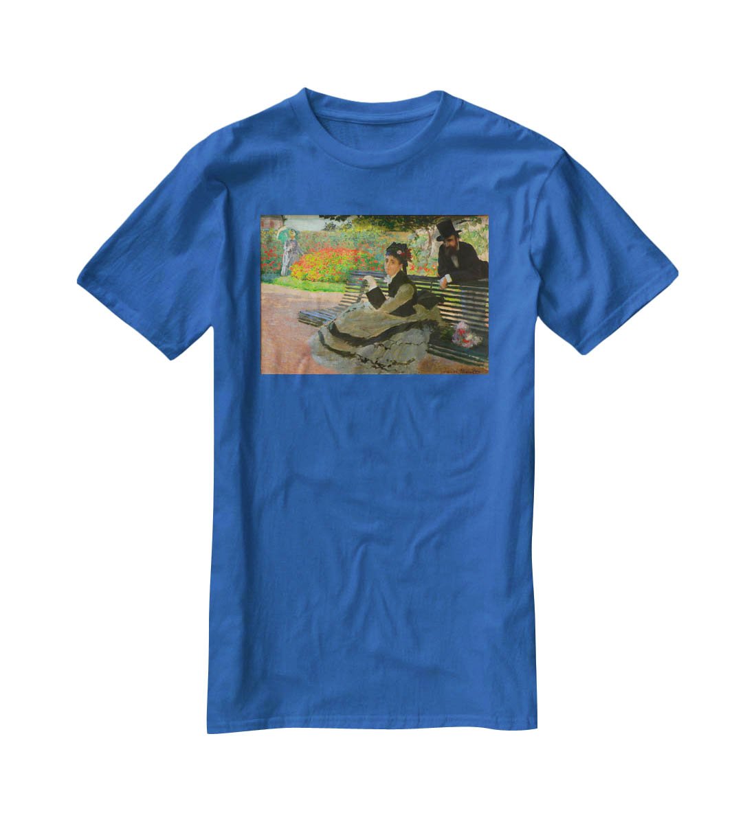 Camille Monet on a garden bench by Monet T-Shirt - Canvas Art Rocks - 2
