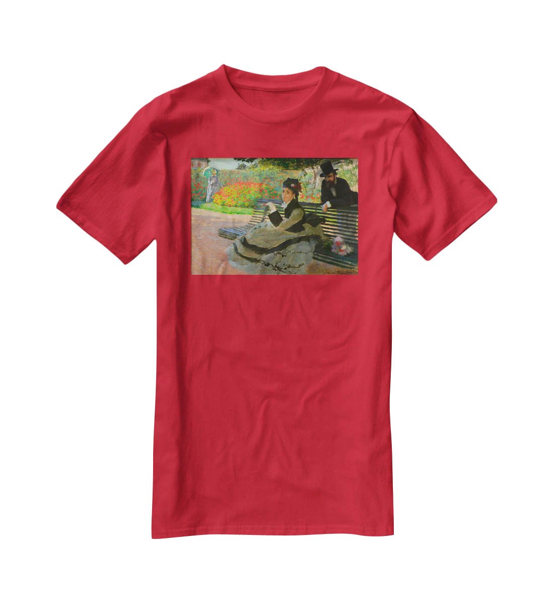 Camille Monet on a garden bench by Monet T-Shirt - Canvas Art Rocks - 4
