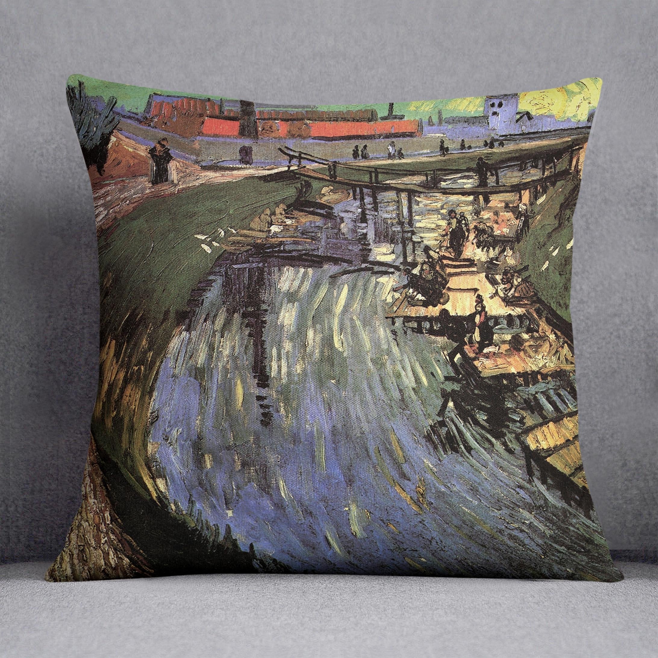 Canal with Women Washing by Van Gogh Throw Pillow