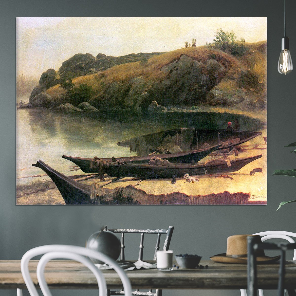 Canoes by Bierstadt Canvas Print or Poster