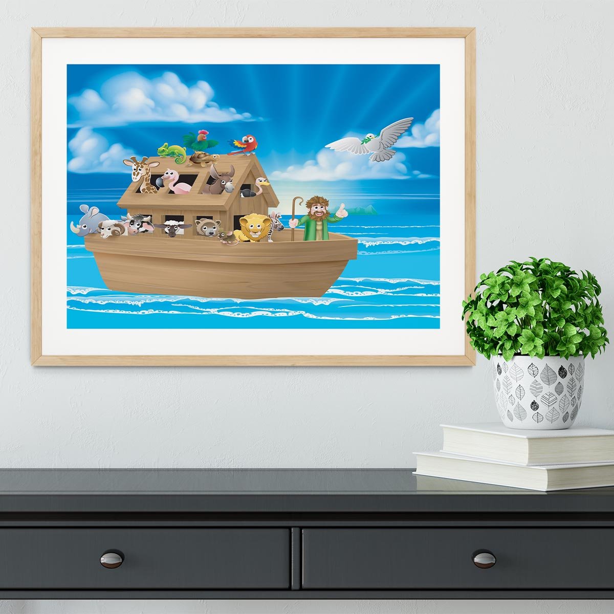 Cartoon childrens illustration of the Christian Bible story of Noah Framed Print - Canvas Art Rocks - 3
