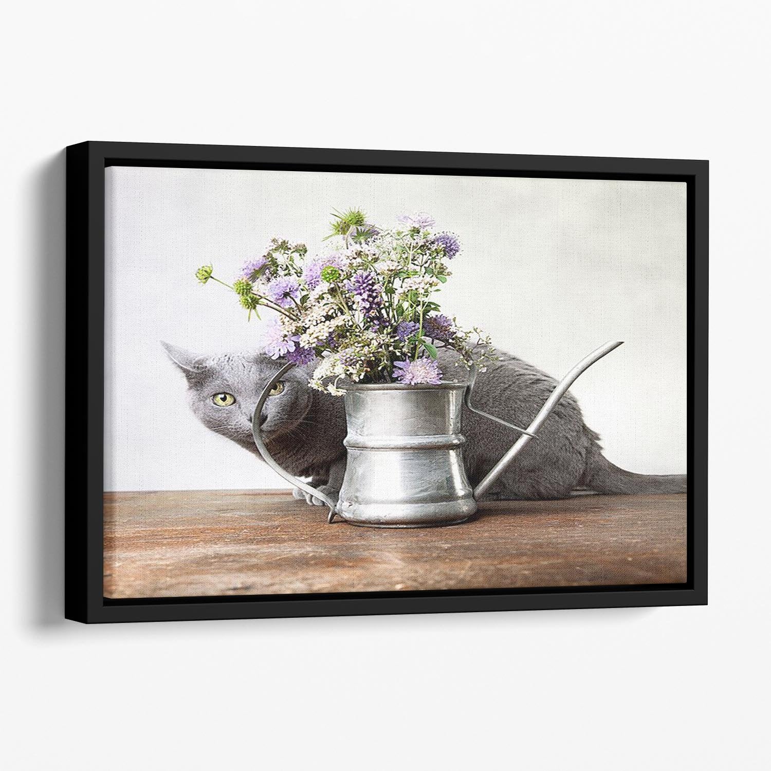 Cat with Flowers Floating Framed Canvas - Canvas Art Rocks - 1