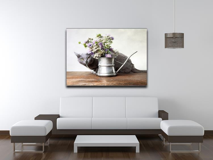 Cat with Flowers in old decorative watering can Canvas Print or Poster - Canvas Art Rocks - 4