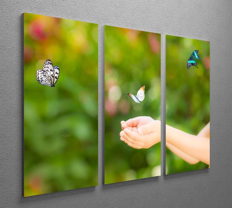 Children hands and flying butterfly 3 Split Panel Canvas Print - Canvas Art Rocks - 2