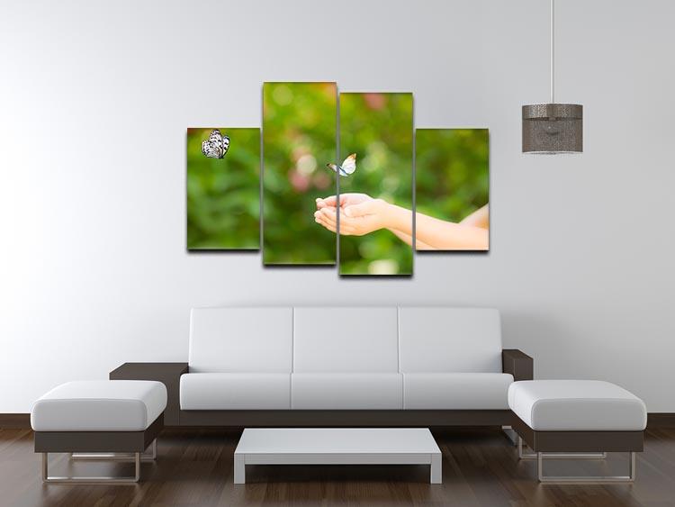 Children hands and flying butterfly 4 Split Panel Canvas - Canvas Art Rocks - 3