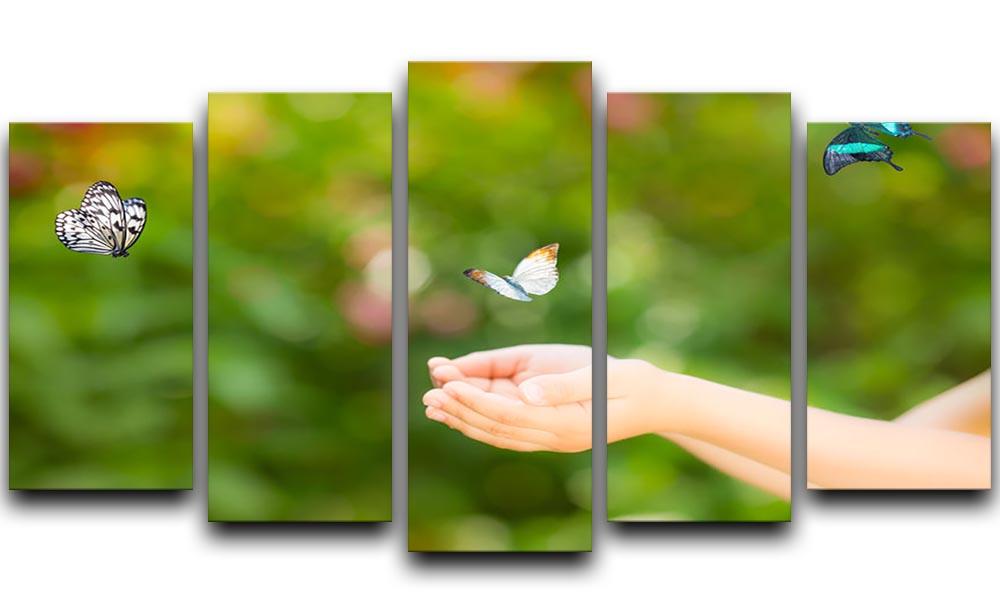 Children hands and flying butterfly 5 Split Panel Canvas - Canvas Art Rocks - 1