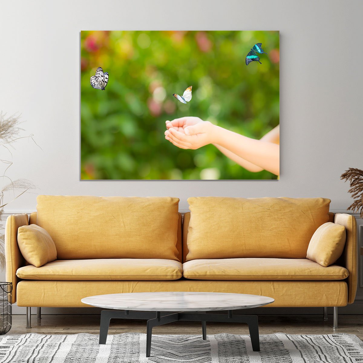 Children hands and flying butterfly Canvas Print or Poster