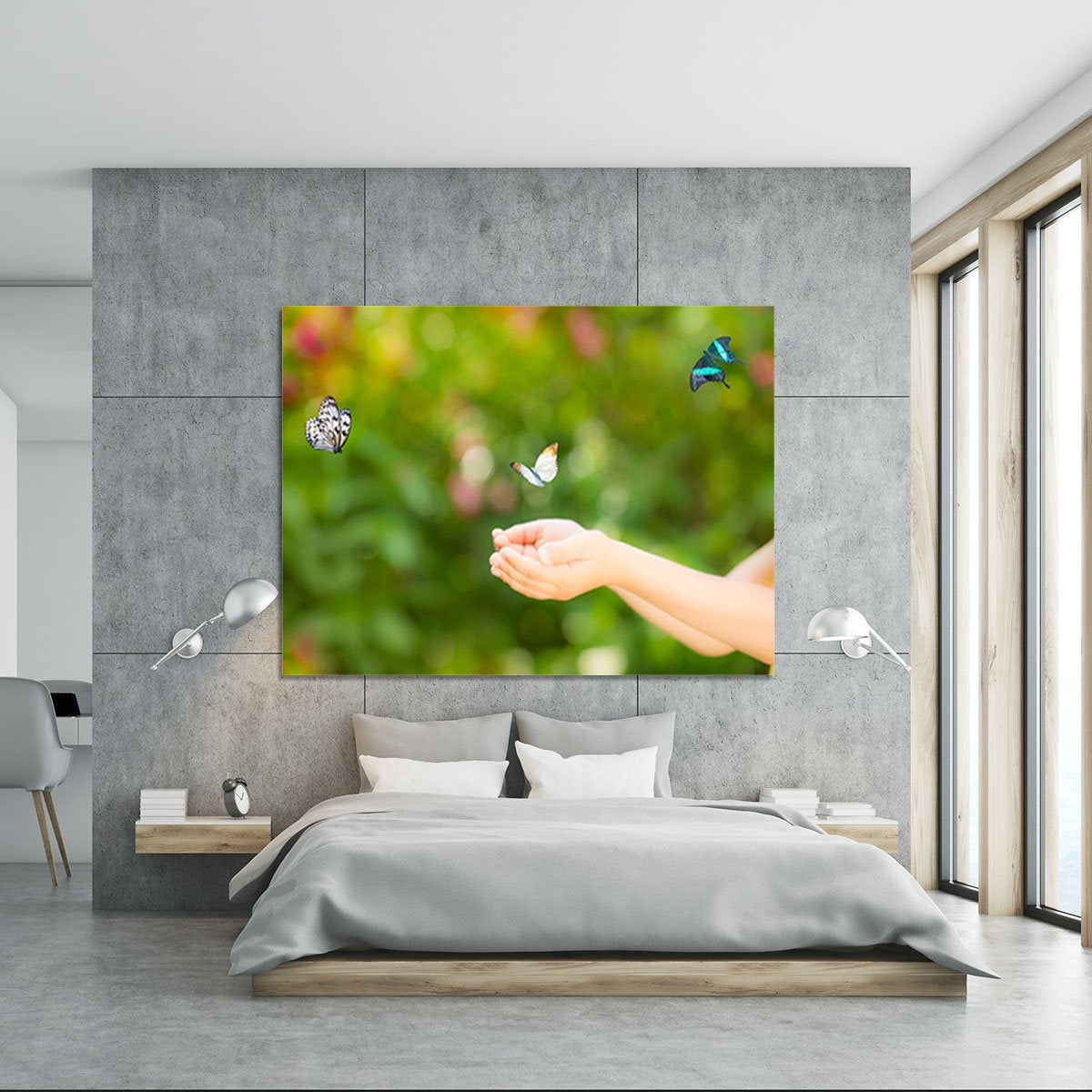 Children hands and flying butterfly Canvas Print or Poster