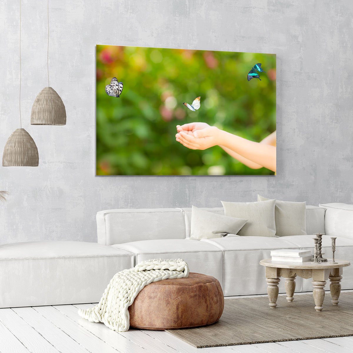 Children hands and flying butterfly Canvas Print or Poster
